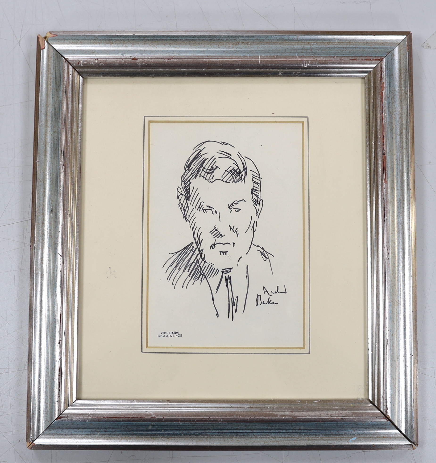 Cecil Beaton (1904-1980), pen and ink sketch, Portrait of newsreader Richard Baker, inscribed, with ‘Cecil Beaton from Miss E Hose’ stamp and pencil sketches verso, 19 x 12cm